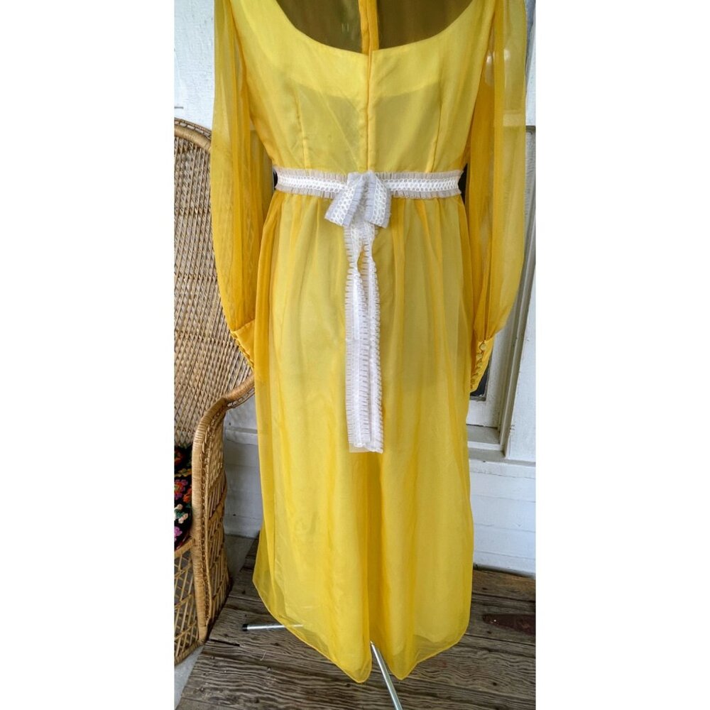 Vintage 1970s Mustard Yellow Sheer Nylon Maxi Dress Size M - Picture 13 of 16